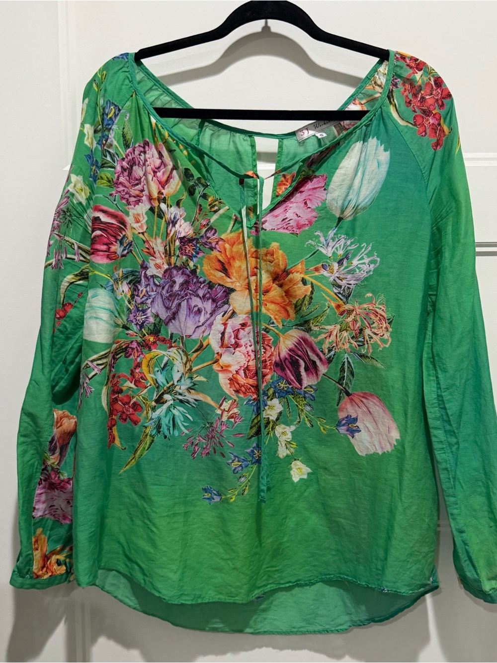 Johnny Was Green Floral Tie-Neck Blouse
